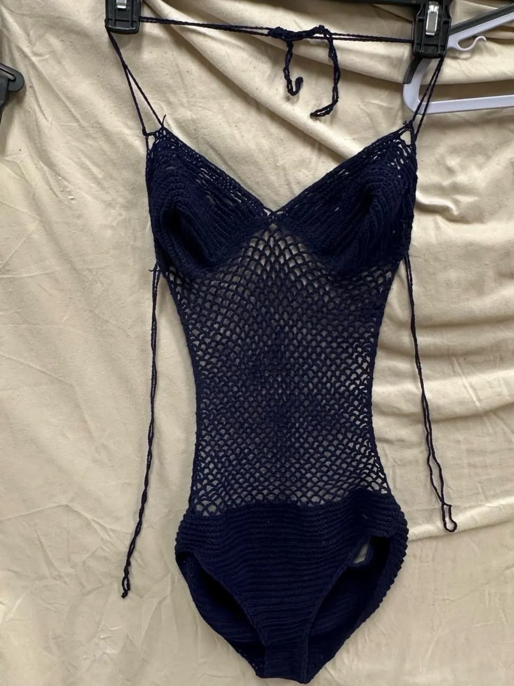Crochet navy blue swim suit beach cover.